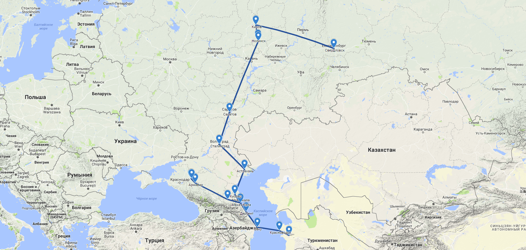 Маршрут путешествия, описанный в письме. Использованы картографические материалы Google Maps.
